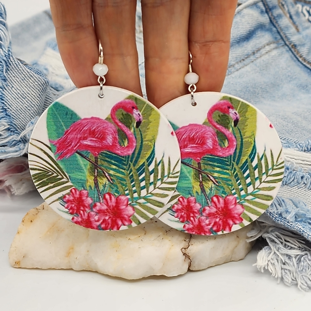 ❤️Anthro Rio Hot Pink Flamingo Large Lightweight Earrings Silver Trop…